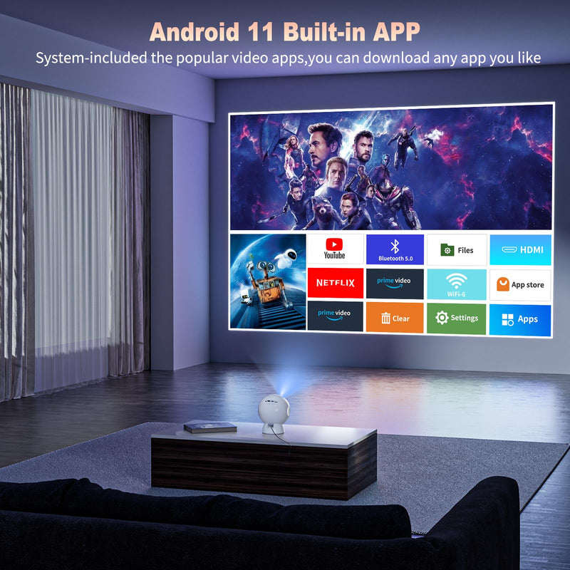 Mini projector，Smart Projector with Wifi and Bluetooth，Auto Focus，Built-in Android System,HiFi Speaker，Support 4k 1080HD Decoding ，Portable Projector Ideal for Home Outdoor Meetings