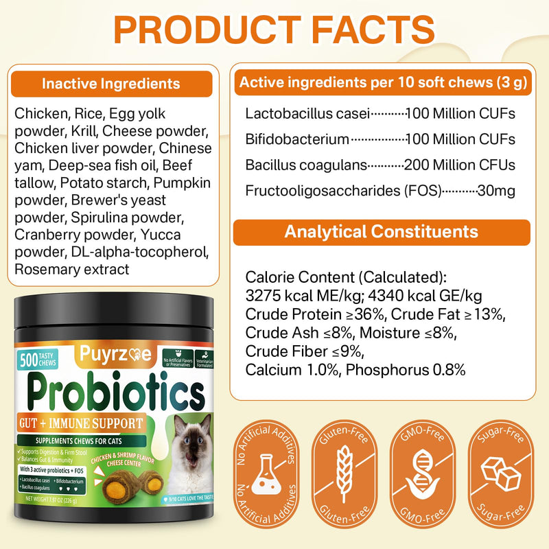Puyrzoe Cat Probiotics & FOS Chews - Digestive + Gut Support, 500 Crunchy & Creamy Chews, Constipation Relief + Nutrient Absorption + Immune, Daily Probiotics Chews for Cats Kittens (Chicken Shrimp)
