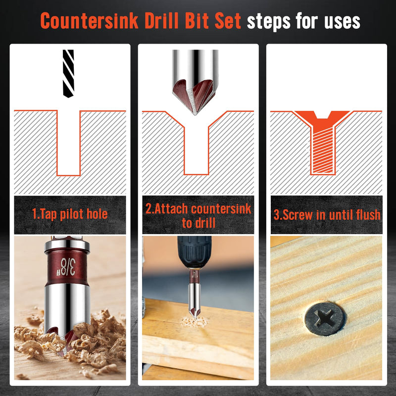 5Pcs Countersink Drill Bit Set, Premium Countersink Drill Bit with 82-Degree, 5 Flutes, Quick-Change Hex Shank, 1/4 Inch to 3/4 Inch Size, Countersink Drill Bits for Wood, Metal, Plastic
