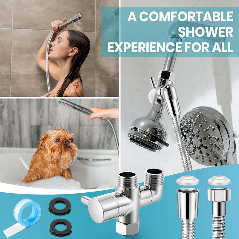 Dreyoo 3 Way Shower Arm Diverter Valve Kit, Solid Brass G1/2 Universal Shower Diverter for Handheld & Fixed Spray Head with 59" Stainless Steel Hose, Bathroom System Component, Plumber Tape, Chrome