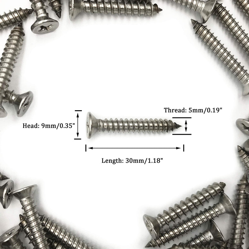 5 x 30mm Screw, Flat Head, Phillips Drive, Self Drilling, 304 Stainless Steel Drywall Wood Screws 100Pcs 5 x 30mm