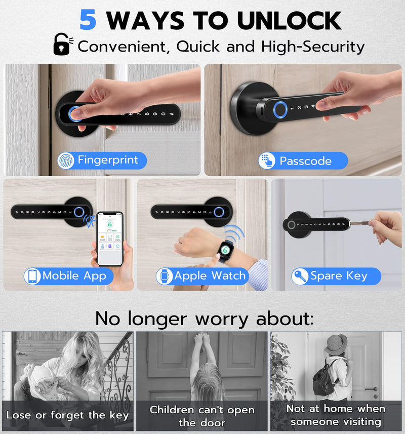 eLinkSmart Fingerprint Door Knob Lock, Smart Keyless Entry Door Lock with Code Keypad Handle, Electronic Biometric Security Locking Door Lever Locks for Bedroom Apartment Hotel Interior - Black