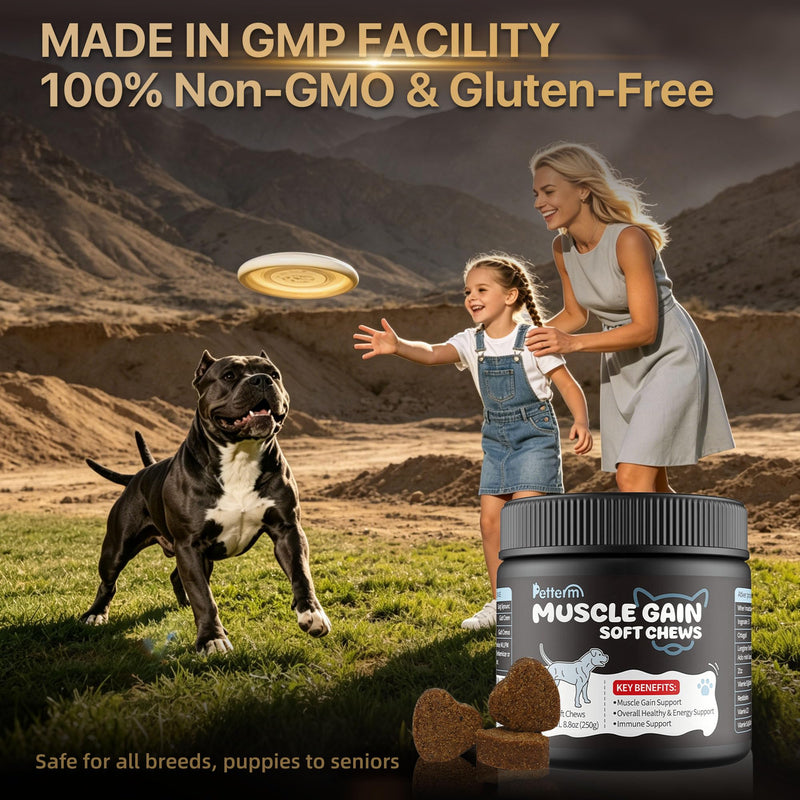 High Calorie Dog Muscle Builder Chews for Underweight Breeds, 100 Ct | For skinny and active dogs, stops bowl refusal, 800mg whey protein per serving, garbanzo flour for stable digestion