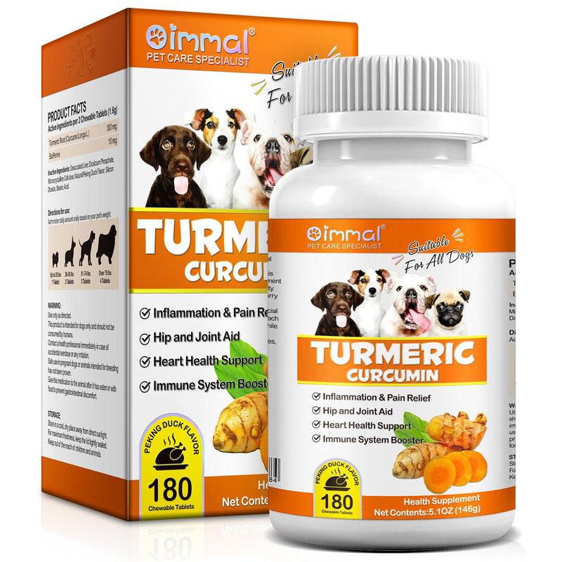 Turmeric for Dogs - 180 Turmeric Curcumin Tablets Supports Heart, Joint & Inflammation, Hip & Joint Aid, Dog Pain Relief, Allergy & Itch Relief, Duck Flavour