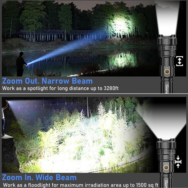 Flashlights LED High Lumens Rechargeable, Goreit 20,000 Lumens XHP70.2 Super Bright Flashlight, Flash Light Battery Powered, Powerful Handheld Flashlight with holster for Emergency Camping Hiking Gift Black