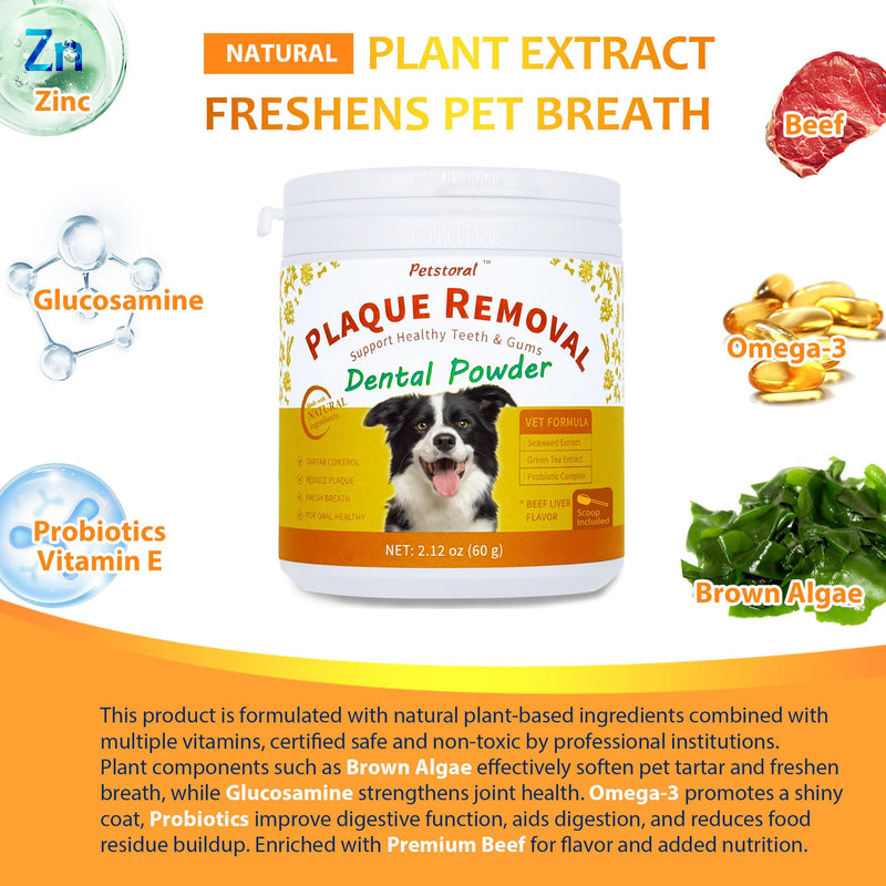 Petstoral Natural Dog Dental & Supplement Powder, Plaque & Tartar Control with Glucosamine, Omega-3, Probiotics & Vitamin E for Joint, Beef Liver Flavour, Digestion & Fresh Breath 2.12 Ounce (Pack of 1)