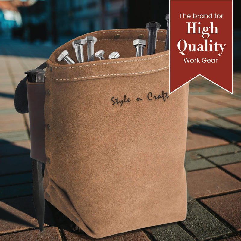 Style n Craft Iron Worker’s Bolt Bag with Double Bull Pin Leather Loops, Heavy-Duty Suede Leather Tool Bag, Dark Tan (88515)