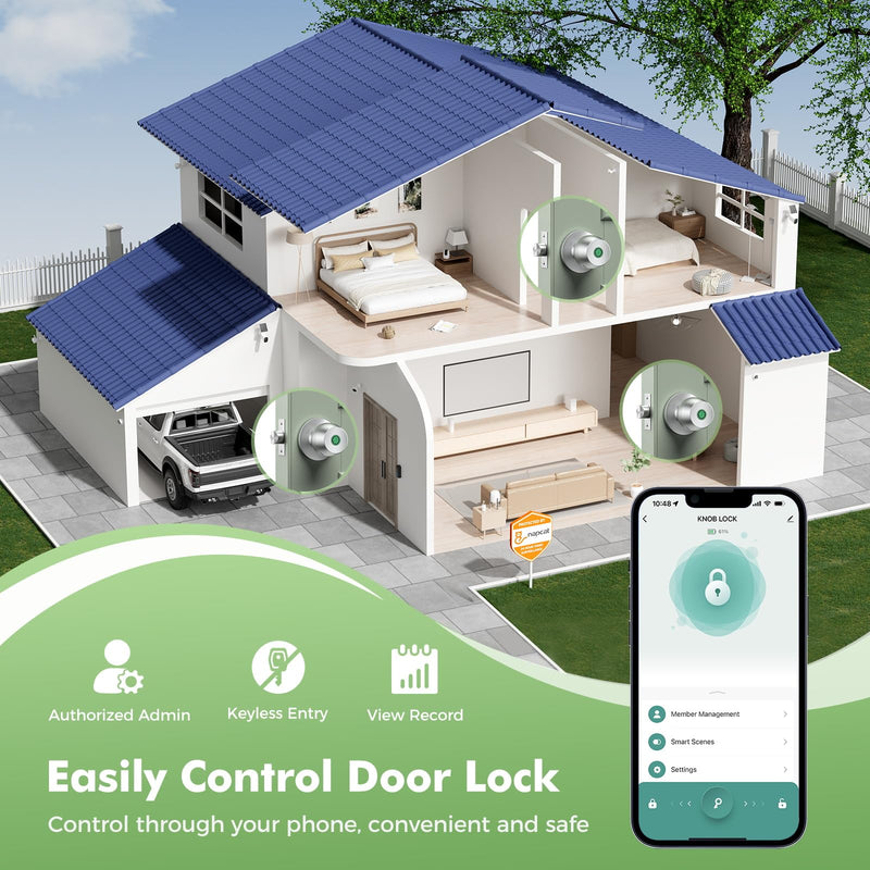 Fingerprint door knob, smart door knob, intelligent biometric fingerprint door lock, keyless entry, controllable via app, suitable for bedrooms, storage rooms, apartments, offices, hotels (silver) Silver