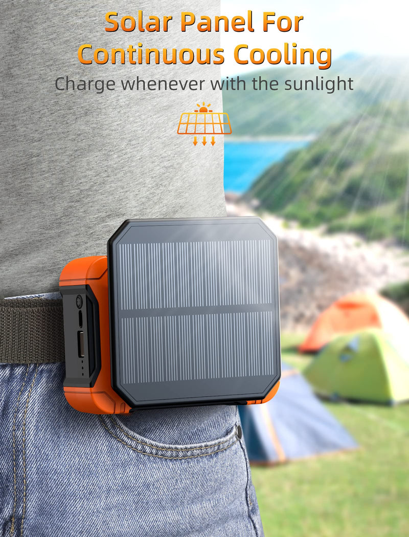 Koonie 10000mAh Waist Clip Fan with Solar Panel, 30H Working Time, Personal LED Light, Battery Powered Belt Fan, Strong Airflow, 3 Speeds, Body for Outdoor, Working, Camping, Hiking Orange-10000mAh