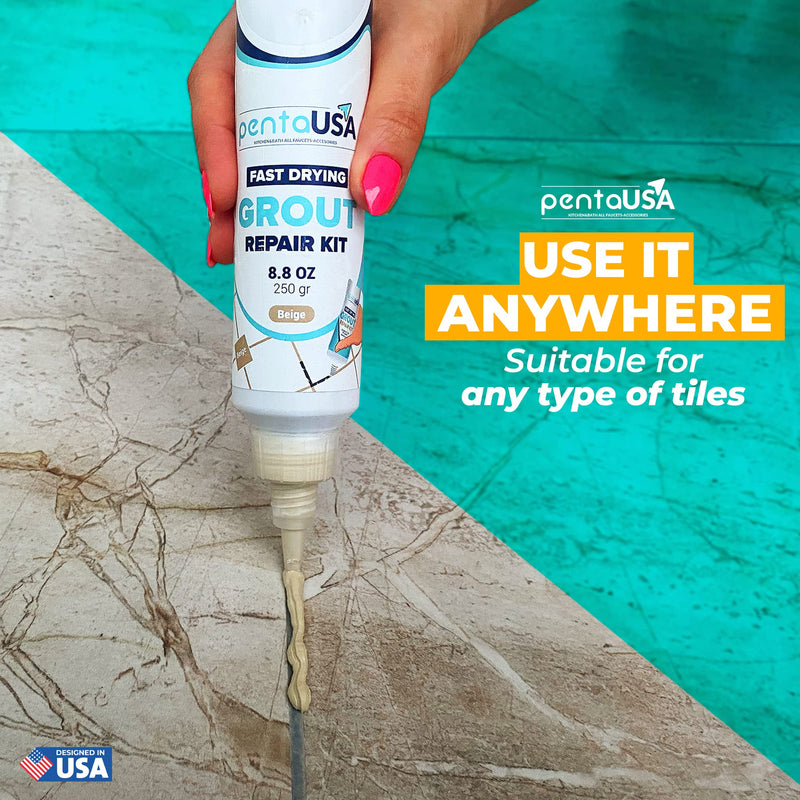 PentaUSA Tile Grout Repair Kit - Beige Grout Filler, Triple Protection, Fast Drying Formula Restores and Renews Grout Lines with Grout Float (Beige, 8.8oz / 250gr)