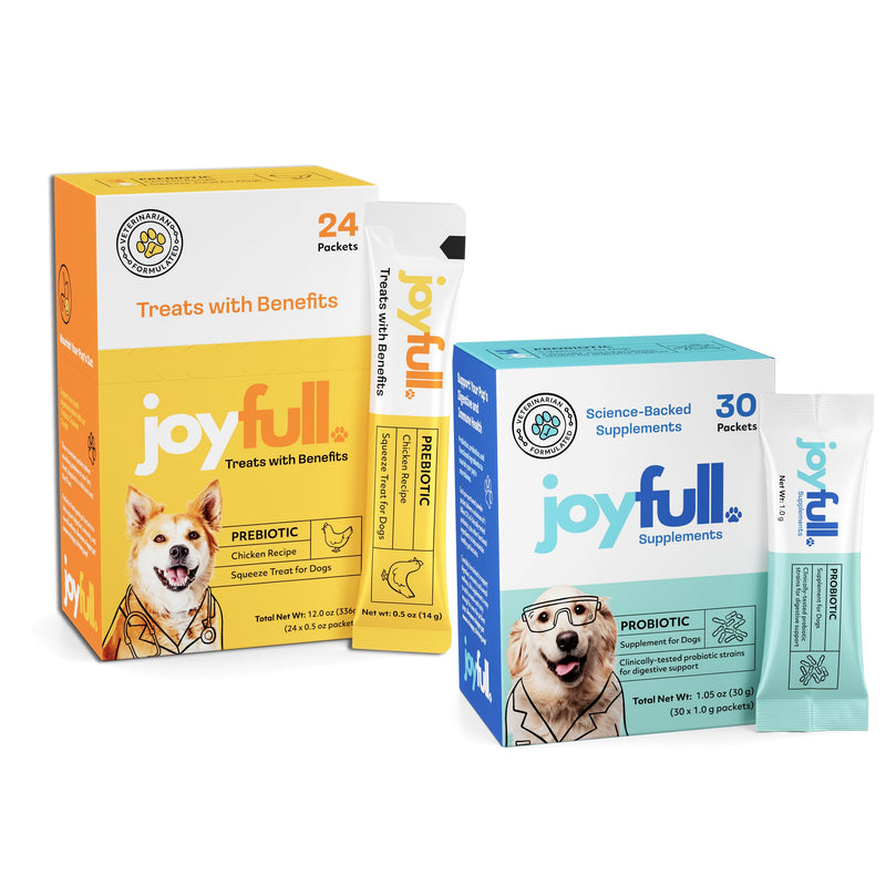 JoyFull Ultimate Dog Gut Health Bundle: Chicken Squeeze Treats (24 Ct) & Daily Probiotic Powder (30 Pkts) – Prebiotic & Probiotic Digestive Support, Immune Boost & Meal Topper for Picky Eaters