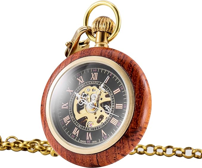 TREEWETO Wooden Mechanical Roman Numeral Pocket Watch Open Face Fob Watch Men Women Ladies - NewNest Australia