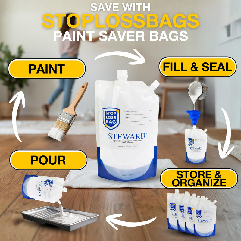 8 Reusable Paint Storage Bags 1L Leftover Paint Containers, Funnel and Clip 34 Oz