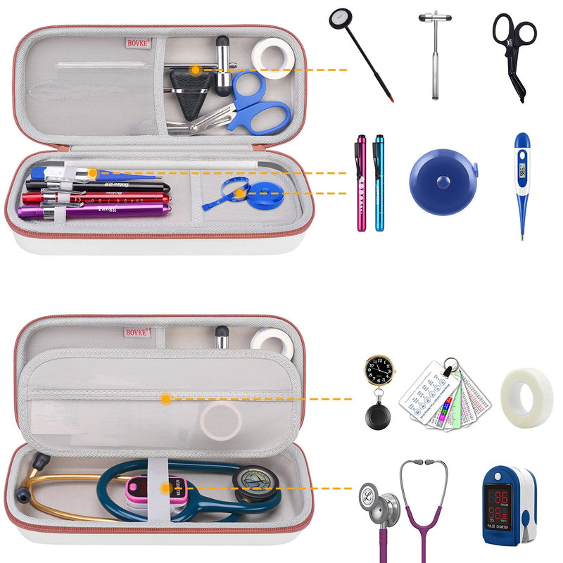BOVKE Travel Stethoscope Case for for 3M Littmann Classic III, Lightweight II S.E, Cardiology IV Diagnostic, MDF Acoustica Deluxe Stethoscopes, Mesh Pocket for Nurse Accessories, White Rosegold