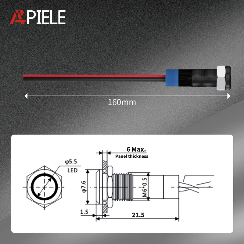 APIELE Indicator Light 6mm 1/4" Waterproof IP65 Metal Signal Lamp 12V-24V AC/DC LED Pilot Dash Lamp Aluminum Red 5 PCS with 150mm Wire for Car Truck Boat (Red) Black Shell-Red