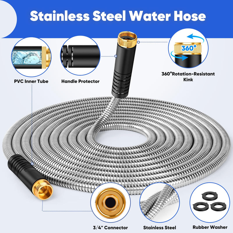Garden Hose 50 ft, Stainless Steel Metal Hose, Flexible Water Hose with 10 Function Nozzle, Kink Free, Leak-Proof, Heavy Duty Hose for Yard, Outdoor, Lawn, RV, Car Wash and Camper Use 50FT
