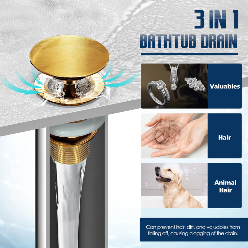 Brass Freestanding Tub Drain, Pop Up Freestanding Tub Drain Plug, Fits Most Freestanding Tub Drain Kits (Brushed Gold) Brushed Gold