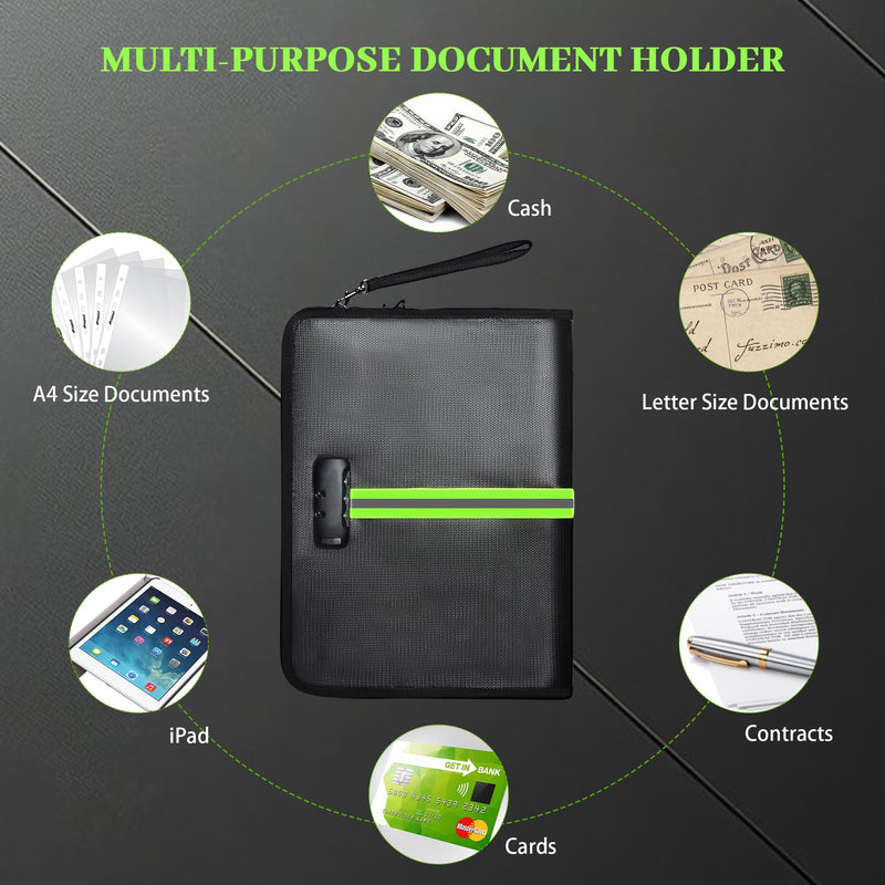 5200℉ Fireproof Document Bag, Fireproof Bag with Lock, Fireproof Document Organizer, Safes for Home Use Fire and Water Proof with Heat Insulated for Cash, Valuables, Documents-Black Black
