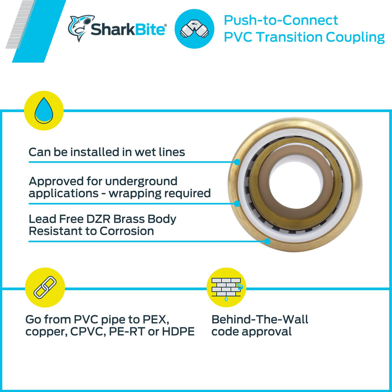 SharkBite 1 Inch CTS x 1 Inch PVC Transition Coupling, Push to Connect Brass Plumbing Fitting, PEX Pipe, Copper, CPVC, PE-RT, HDPE, UIP4020A 1 in. CST x 1 in. PVC