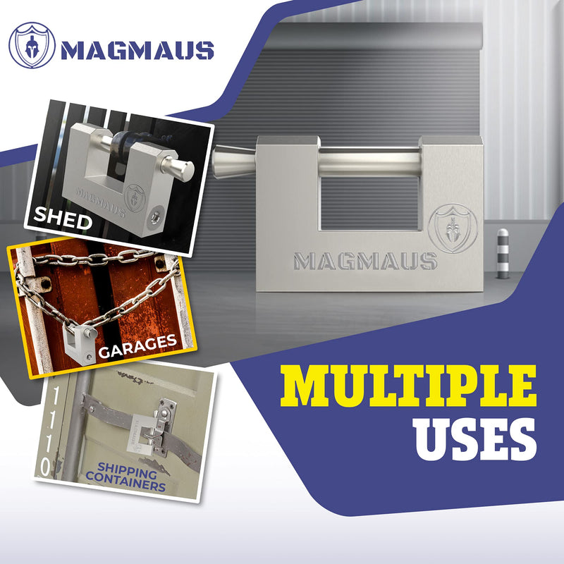 Magmaus® RTL80 [Armoured] High Security Padlock – Heavy Duty Container Lock with 0.74” Shackle Clearance & 0.39” Thick Bolt – Weatherproof Outdoor Lock for Storage Unit, Shed, Gate, Garage - 3 Keys 80 mm 1 Pack - 3 Keys Silver