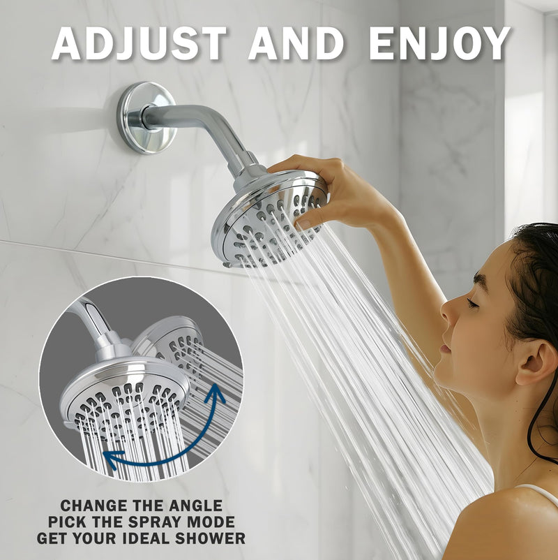 6 Function Adjustable Luxury Shower Head - High Pressure Boosting, Wall Mount, Bathroom Showerhead For Low Flow Showers, 2.5 GPM - Chrome