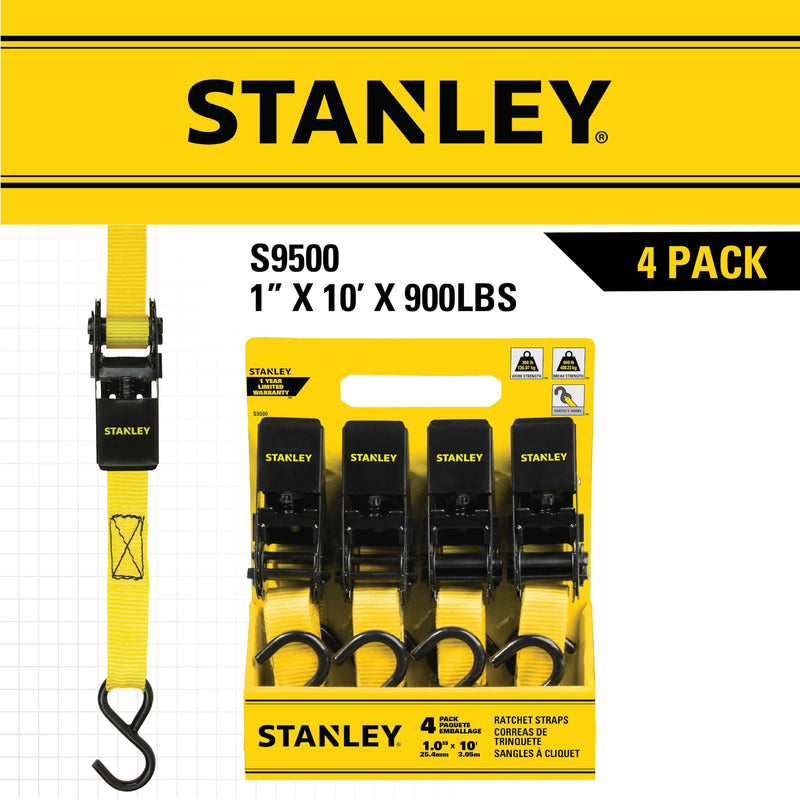 STANLEY S9500 Black/Yellow 1" x 10' Ratchet Straps - Light Cargo (300 lb Working Load / 900 lb Break Strength), 4 Pack 1" x 10'