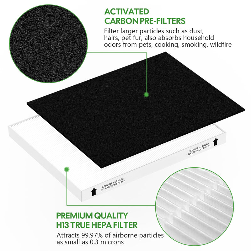 2 Pack Replacement Filter for Fellowes AeraMax 190/200/DB55/DX55 Purifier, Fits Part# 9287101 & 9324101, 2 Filter and 6 Carbon Filter