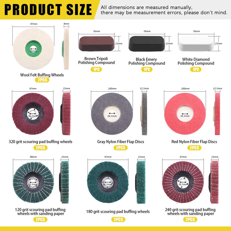 17 Pcs 4'' Polishing Buffering Wheels Assorted Set with Compound Includes 14 Pcs Wool & Nylon Fiber Sanding Flap Discs and 3Pcs Black, Brown & Green Compounds for Angle Grinder