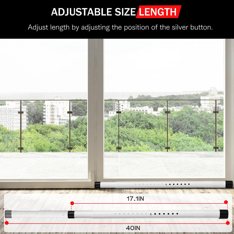 Sliding Door Security Bar, 17.1-40 inches Adjustable Sliding Glass Patio Door Security Bar, White Sliding Door Lock Bar with Rubber Tips, 1.25 inch Diameter Window Security Bar for Home