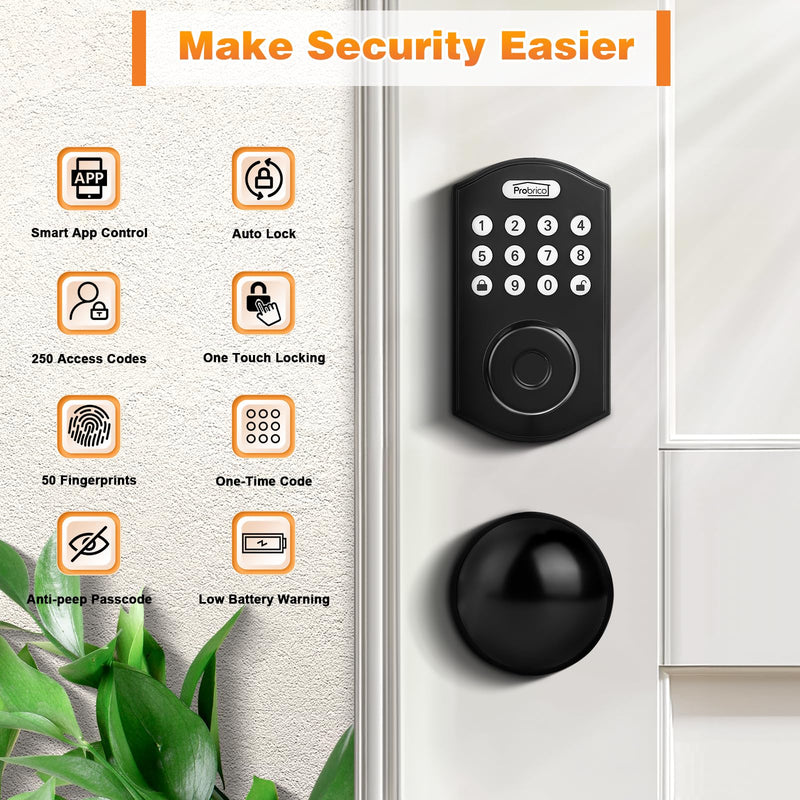 Probrico Smart Fingerprint Door Lock for Front Door,Electronic Keyless Entry Door Lock Deadbolt with Handle Set,Door Knob with Smart Keypad Deadbolt Lock,Auto Lock,App,Black Black