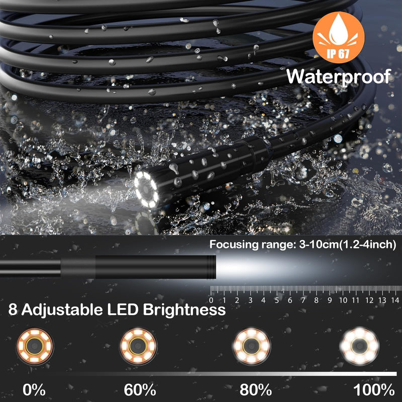 5.2mm Borescope, Endoscope Camera with Light, 1080P HD Inspection Camera with 4.3" LCD Screen, IP67 Waterproof Snake Camera with 8 LED Lights, Cool Gadgets for Men, with 32GB Card, Carrying Case Single len
