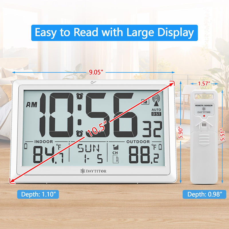 Atomic Clock Wall with Indoor/Outdoor Temp, Battery Operated Digital Wall Clock with 10.5" Large LCD Display, 330ft Range Desk Table Clock with Alarm, DST, Calendar for Living Room Bedroom, White