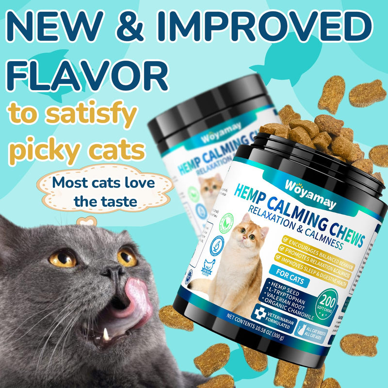 Woyamay Cat Calming Chews, 200 Treats Calming Treats for Cats for Anxiety & Stress Relief, Calming Treats for Cats, Melatonin Cat Calming Chews for Separation, Travel, Grooming