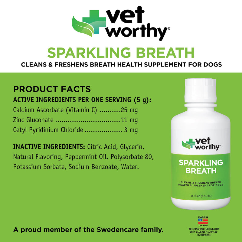 Vet Worthy Sparkling Breath Dog Mouthwash Water Additive - Dog Dental Care for a Healthy Mouth and a Fresh Breath for Dogs - Helps Reduce Plaque and Tartar - Mint Flavor (16 oz)