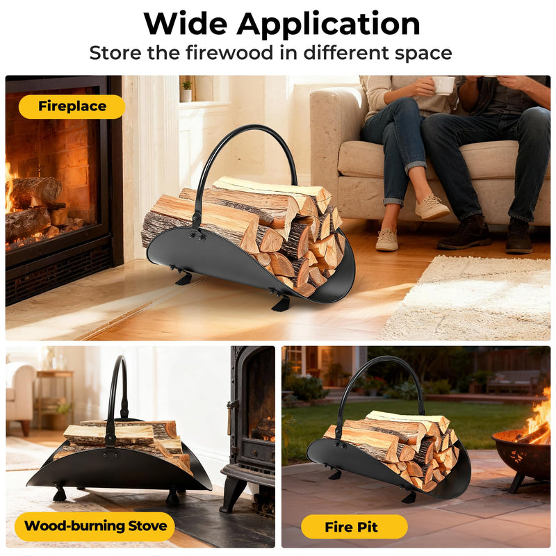 AMAGABELI GARDEN & HOME Fireplace Log Holder Indoor Firewood Carrier Metal Wood Rack Holder Tools Covers Fire Wood Basket Container Sets Ash Bucket and Carrying Bag Black Hearth 17"-Oval
