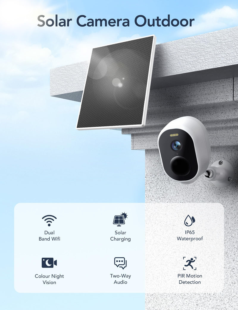 GNCC Solar Security Cameras Wireless Outdoor, 2K Outdoor Battery Camera, Color Night Vision, SD/Cloud Storage, Alarm Detection, 2.4 & 5GHz WiFi, Easy to Install, Manually Adjust View 1