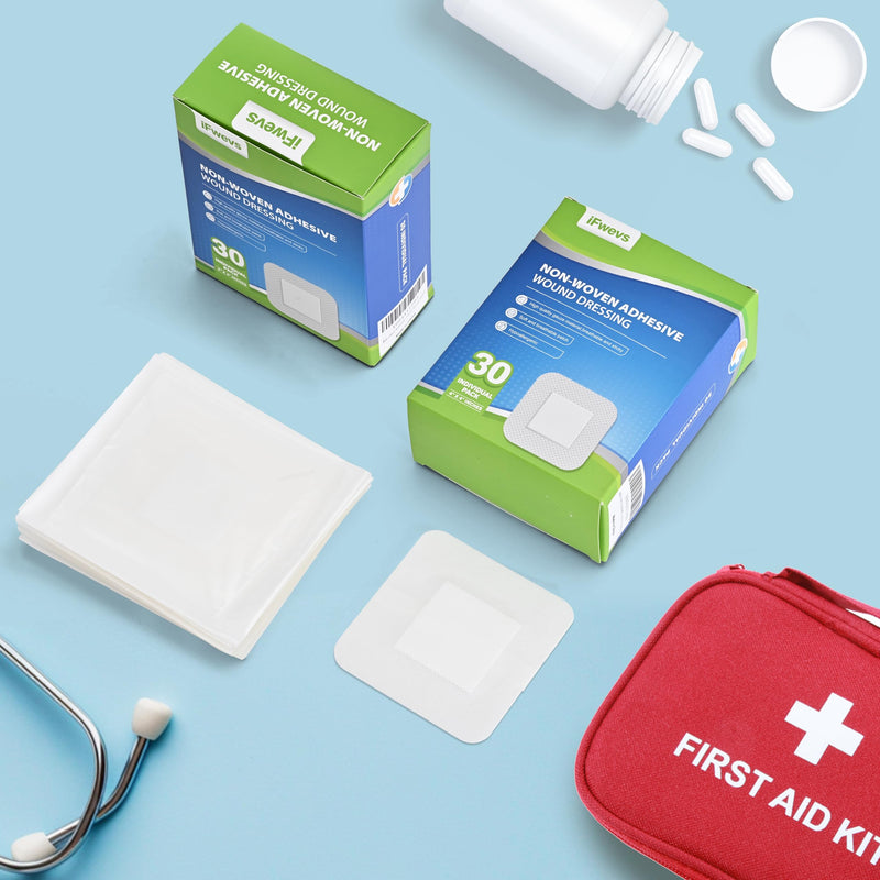 30 Count Bordered Gauze Island Dressing - 4" x 4" Sterile Individually Wrapped Gauze Pads Highly Absorbent, Non-Woven Backing -Breathable Wound Dressing for First Aid（2x2 Non-Stick Pad in Center）