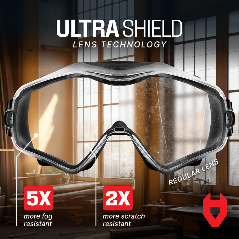 NoCry Safety Goggles Over Glasses with Extreme Impact Resistance — ANSI Z87.1 Certified Eye Protection with Anti-Fog, Anti-Scratch and UV380 Lenses — Adjustable Strap — Ideal for the Chemistry Lab
