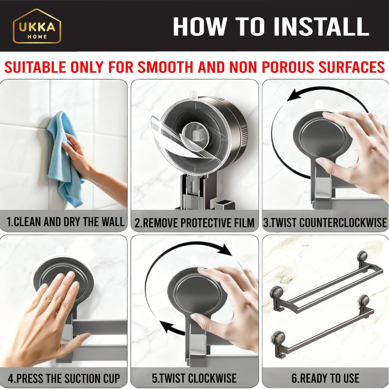Suction Cup (Twist) Double Rod 24" Towel Bar with Hooks, Bathroom, Kitchen, Glass, Tile. Reusable, ABS+Aluminium, Rustproof, No Drill, No Tools. Hang Towel, Loofah, Sponge (24in/60cm, Gray) Double Rod - 24 in / 60 cm