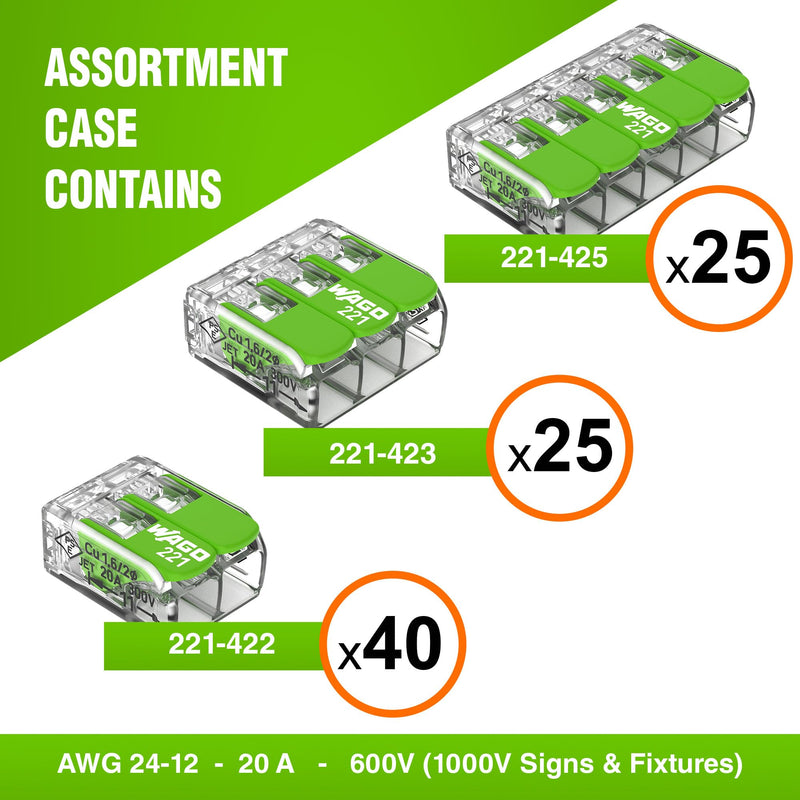 WAGO 221 Series Green Range 80pc Compact Splicing Wire Connectors | Includes (40x 221-422), (25x 221-423), (15x 221-425) | WAGO Wire Connectors | WAGO 221 Wire Nuts | WAGO 221 Series Assortment Pack NAAG221-80
