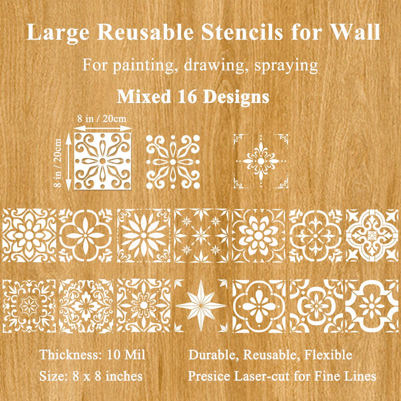 16 Pieces Reusable Tile Stencils 8x8 Inches Floor Stencils Wall Stencils Mexican Talavera Stencils Spanish Stencils Mandala Stencils for Painting on Floors, Tile, Concrete Patio, Wall, Furniture