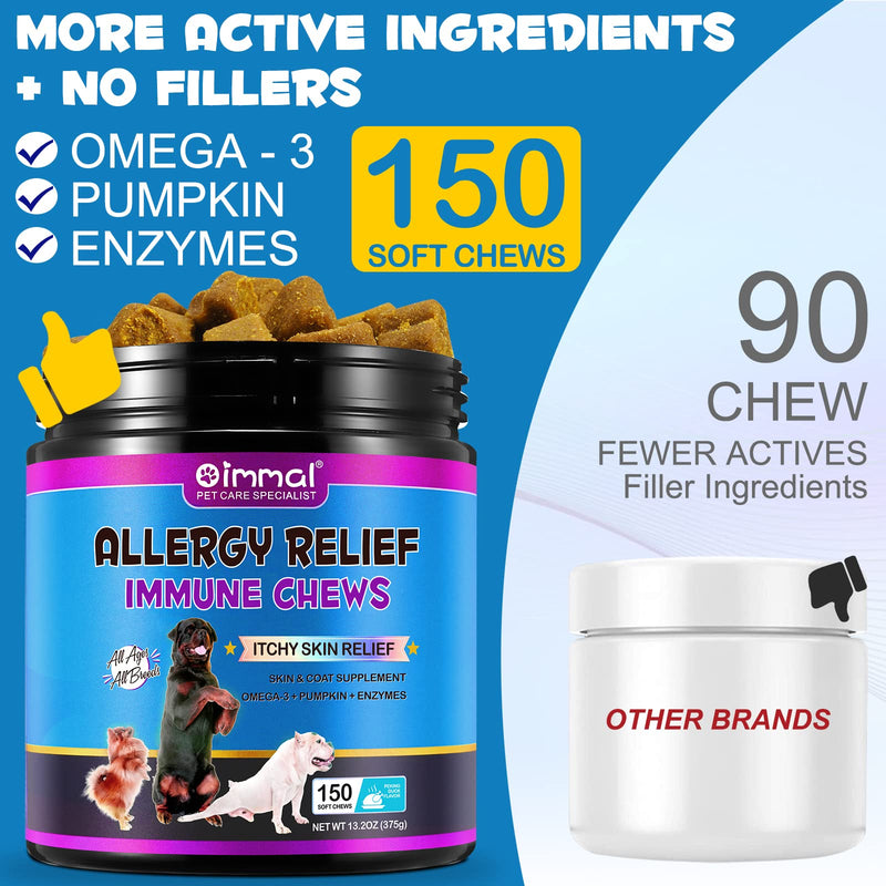 Dog Allergy Relief Chews, Dog Allergy Chews (150 Count), Itch Relief for Dogs, Omega 3 Fish Oil + Pumpkin Enzymes + DHA for Dogs, Anti Hot Spots + Seasonal Allergies, Skin & Coat Immune Health O-Dog Allergy 150 chews