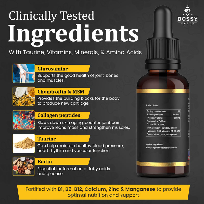 Liquid Glucosamine for Dogs & Cats - Advance Joint Support Supplement - Supplement with Chondroitin, MSM, Hyaluronic Acid, Biotin, Collagen Peptides & Taurine - Max Potency