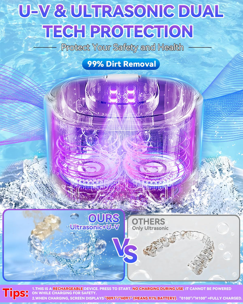 5.0 Upgraded Ultrasonic Retainer Cleaner 300 ML【Top1 German Motor】【50KHz Ultrasonic & 360°U/V Dual Tech】【4.0 AI Smart Chip】【Rechargeable】for Denture, Braces, Night Guards, Aligner,Jewelry and More Black