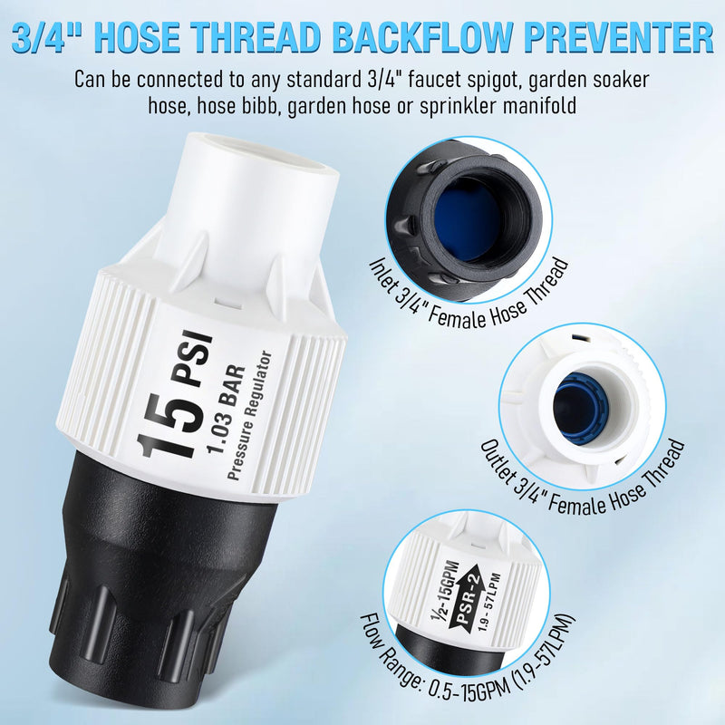 2 Pack Drip Irrigation Pressure Regulator Kit, Water Backflow Preventer for 3/4'' Garden/Faucet Hose Thread and 1/2'' Drip Irrigation Tubing Adapter, Complete Drip Irrigation System (15 Psi) 15 Psi 2