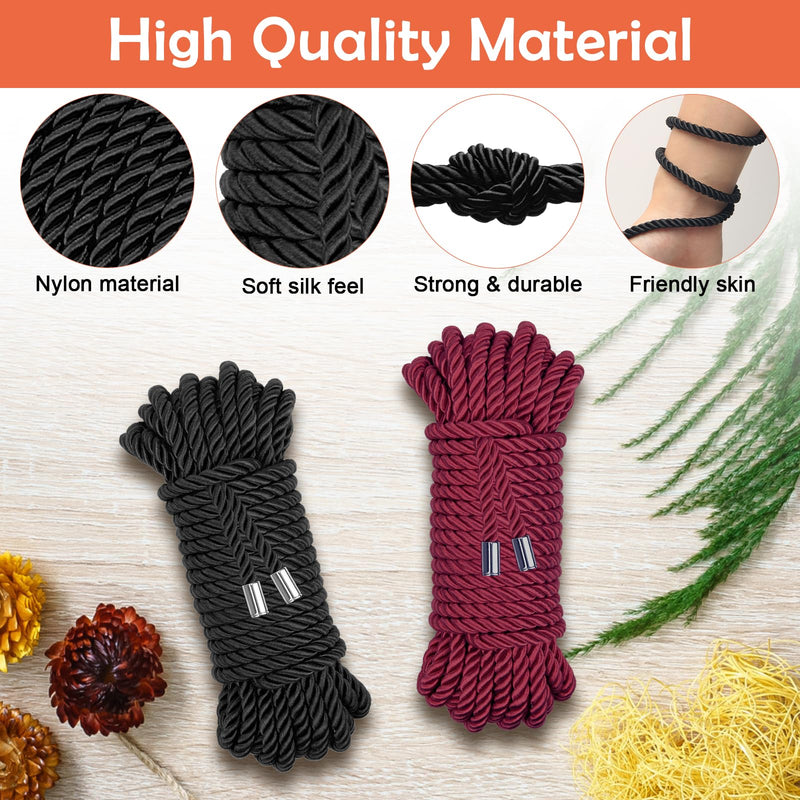 2-Pack Soft Silk Rope with Storage Bag, Twisted Trim Cord 32 Feet/7MM Rope Nylon Twisted Cord Trim Thread String Ropes Satin Shiny Cord (Wine red+Black) Wine Red+black 10m
