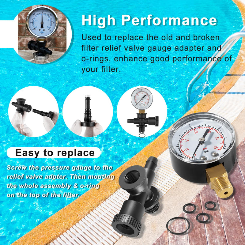 DEX2400S Filter Air Relief Gauge Adapter Assembly + ECX270861 Pressure Gauge + DEX2400Z3A O-Ring Set for Filter Relief Valve Stem for Hayward Pool Filters