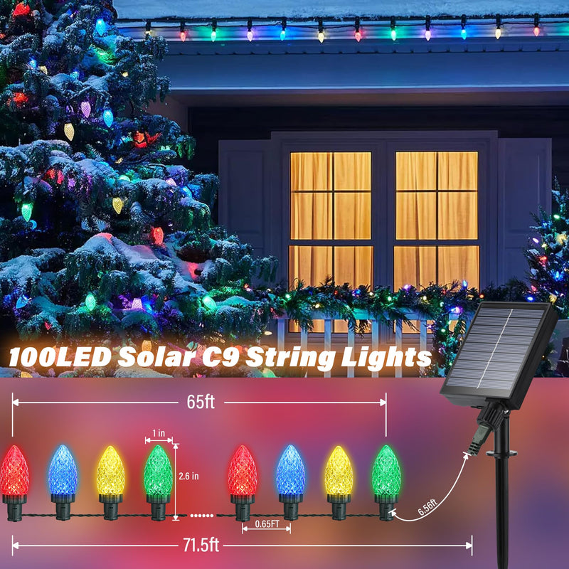iBaycon Solar C9 Christmas Lights Outdoor, 65FT 100LED C9 Strawberry String Light, 8 Modes Solar Powered Lights String for Xmas Tree House Eaves Roof Christmas Holiday Decorations