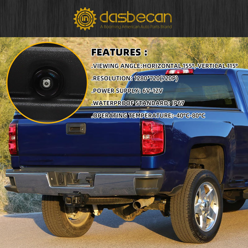 Dasbecan Tailgate Handle Camera Latch Back up Rear View Compatible with 2014-2018 Chevy Silverado 1500 2500 3500HD 2014-2018 GMC Sierra 1500 2500 3500HD Replace# 23448681 720P HD IP67 Waterproof