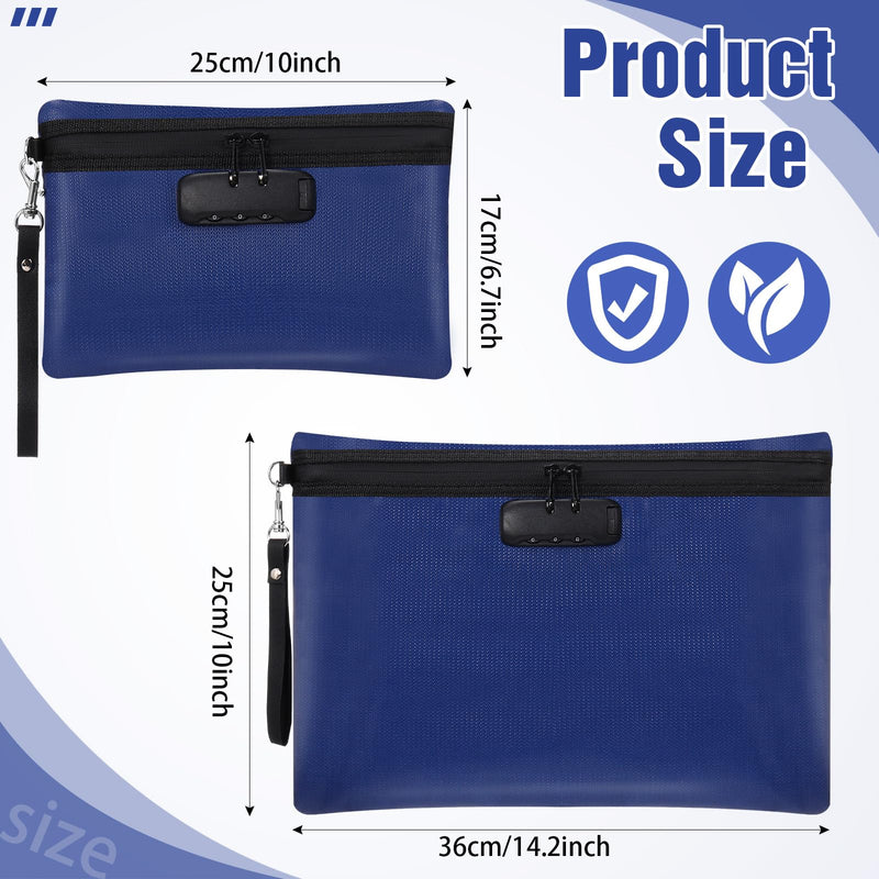 Nezyo Fireproof Safe Money Document Bag with Lock 2 Pcs Notary Journal Waterproof Bag with Zipper for A4 Storage Pouch File Passport Tablet, 14 x 10 Inch and 6.7 x 10 Inch(Blue) Blue